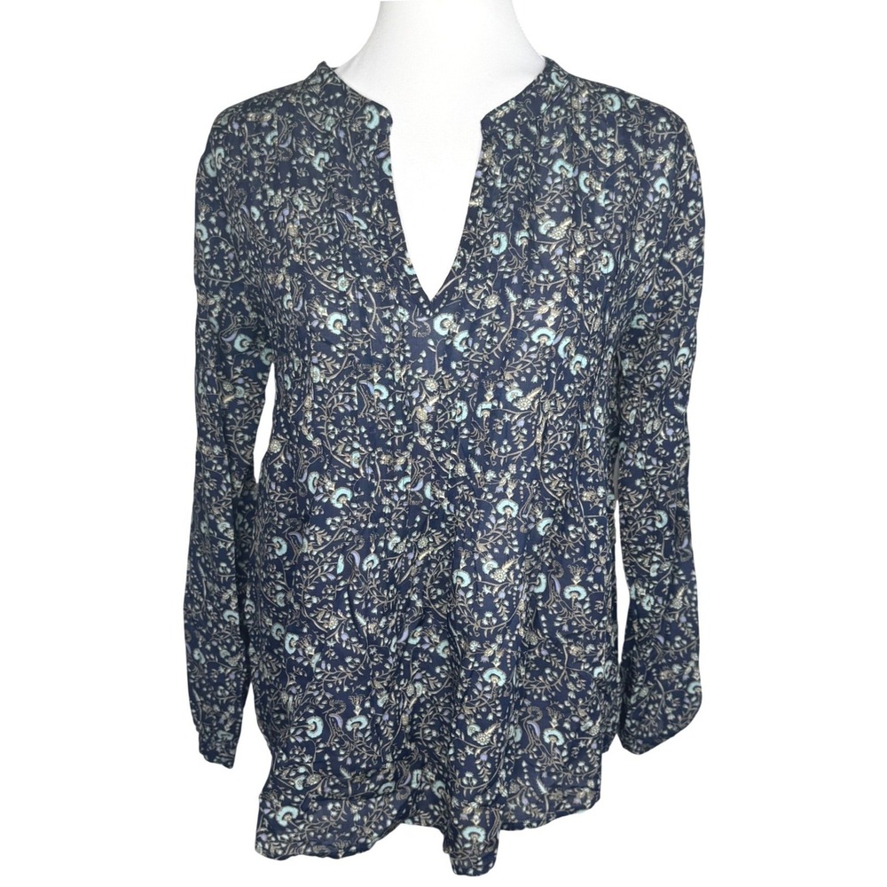Roller Rabbit Top Navy Floral Block Print Pintuck Pleated Viscose Blouse XS